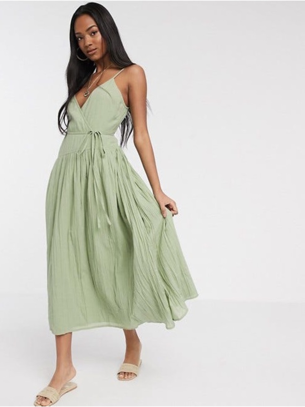 ASOS Sage Green Cami Wrap Midi Dress Size 8